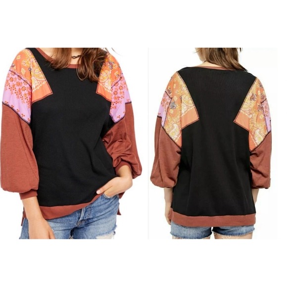 We The Free People Feeling It Tee S‎ Black Brown Patchwork Top Boho Fall Hippie - Picture 2 of 14